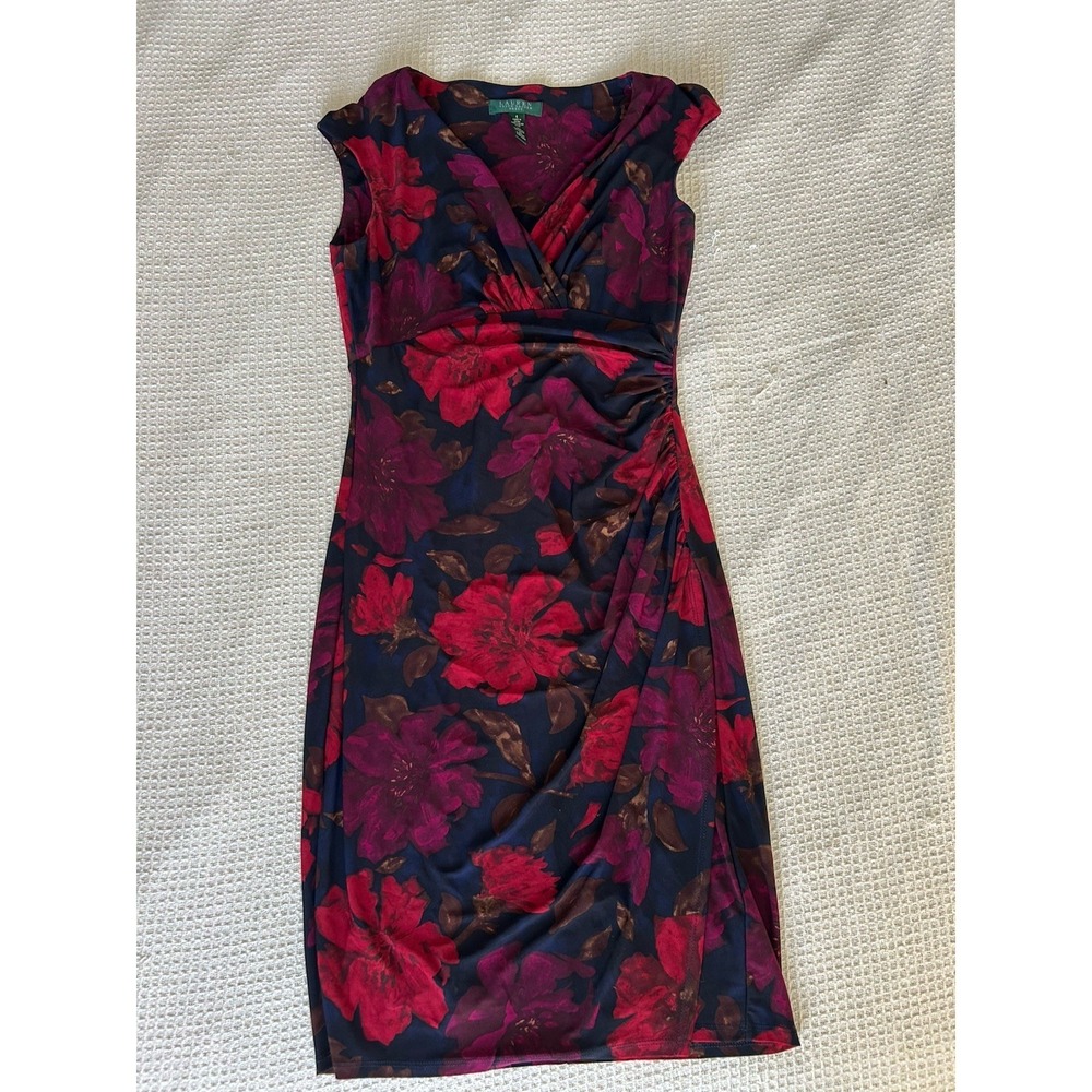 Lauren Ralph Lauren Ruched Waist Red Purple Jersey Social Sheath Dress Size 4 - Picture 3 of 5